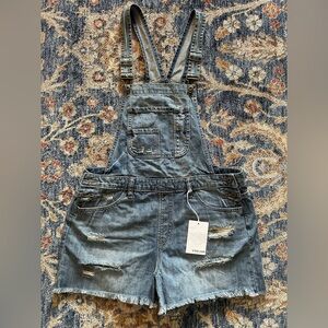 NWT women’s Sneak Peek blue denim overalls shorts size large